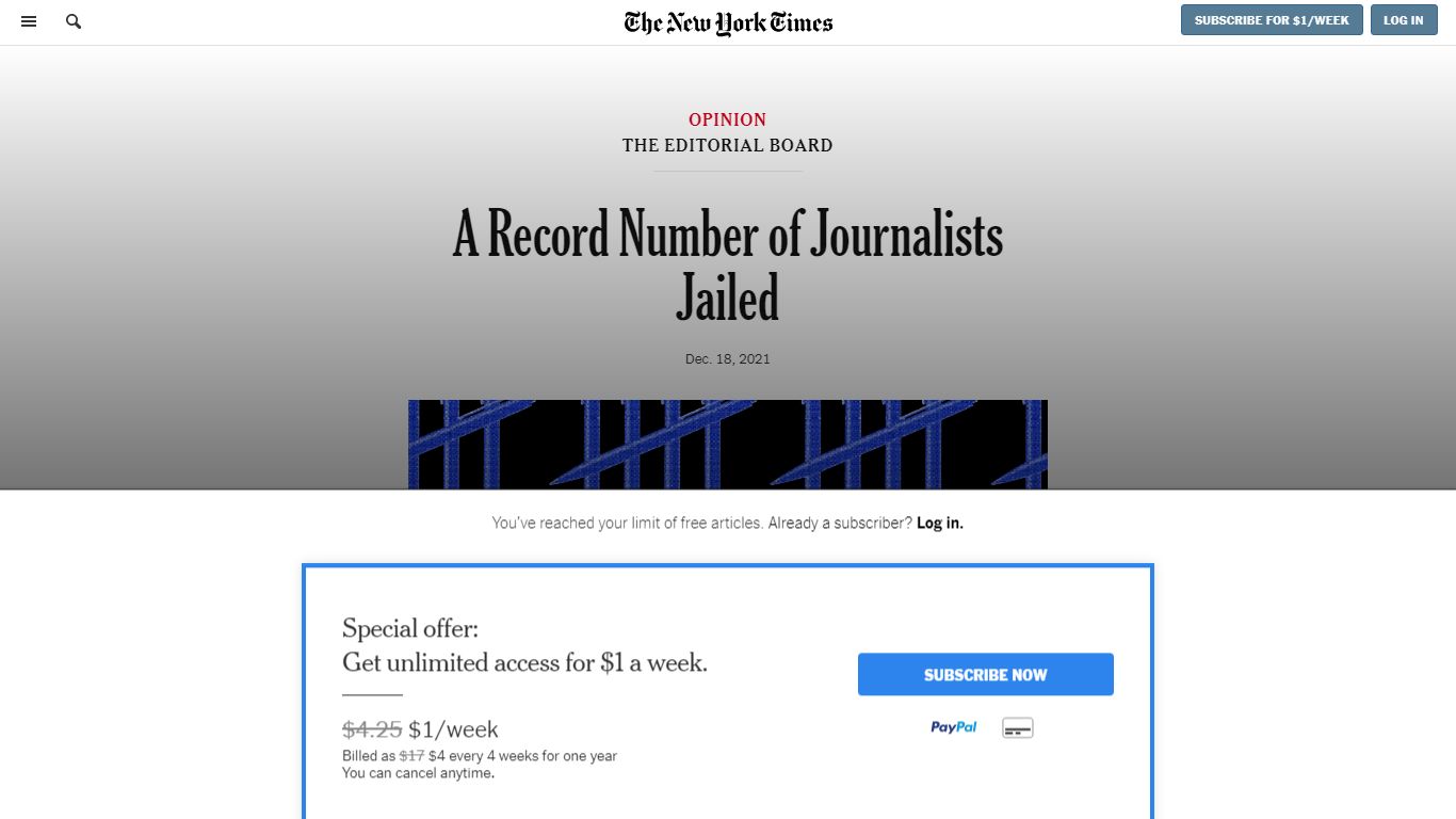 A Record Number of Journalists Jailed - The New York Times