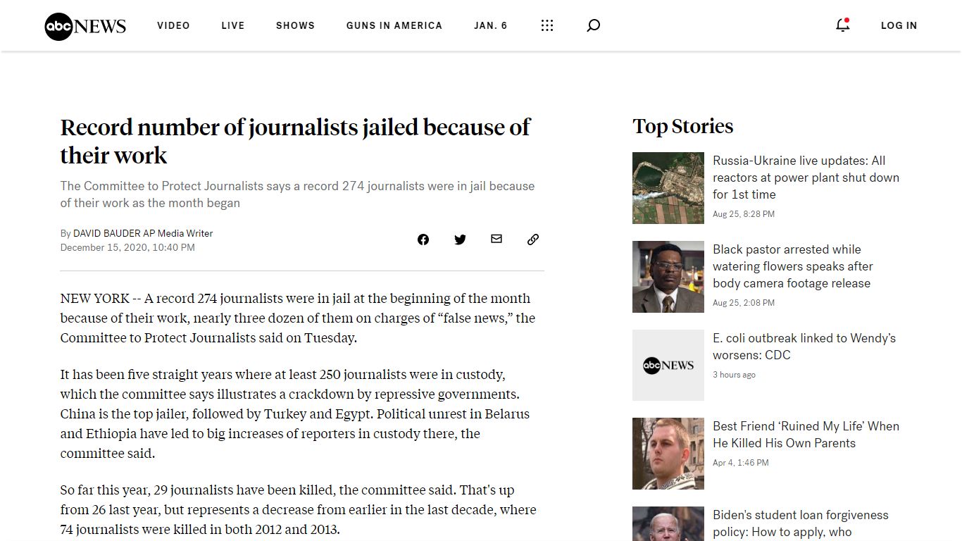 Record number of journalists jailed because of their work
