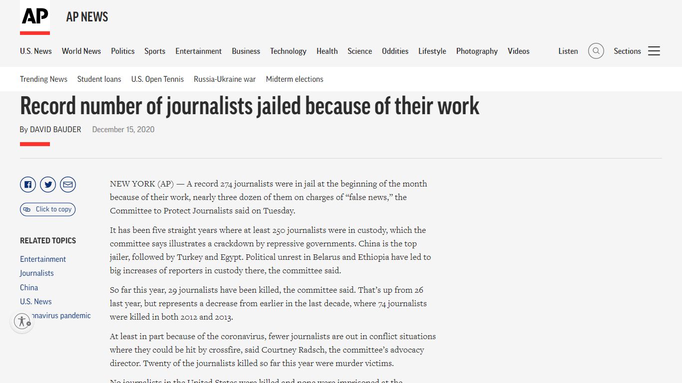 Record number of journalists jailed because of their work